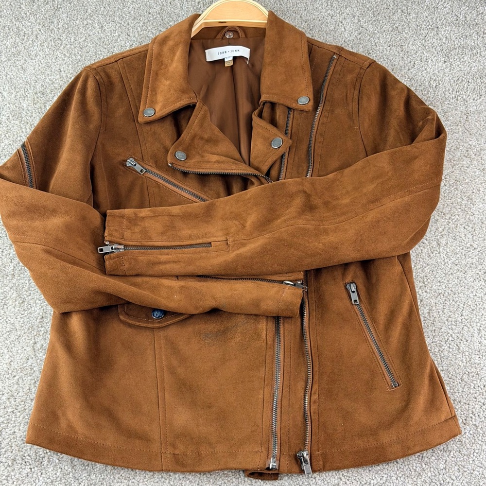 John + Jenn Moto Jacket‎ Women L Brown Faux Suede Biker Asymmetrical Zip Coat